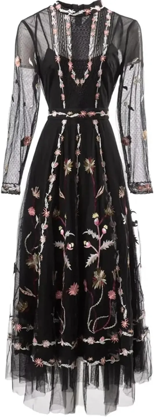 Women Tulle Summer Dress Flare Sleeve Vintage Flower Embroidery A-Line Mesh Party Midi Dresses