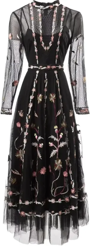 Women Tulle Summer Dress Flare Sleeve Vintage Flower Embroidery A-Line Mesh Party Midi Dresses