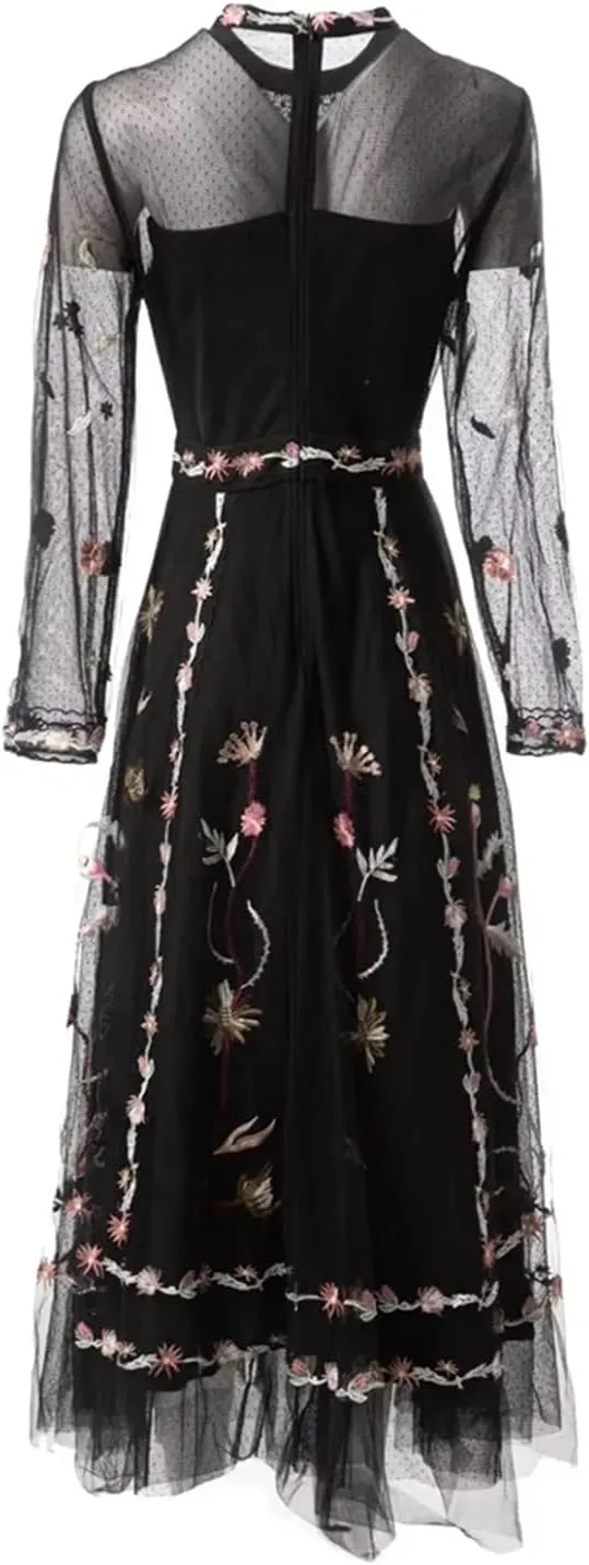Women Tulle Summer Dress Flare Sleeve Vintage Flower Embroidery A-Line Mesh Party Midi Dresses