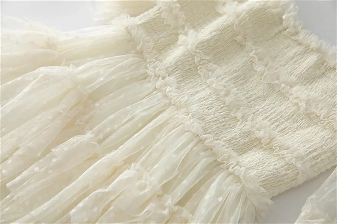 Women Tulle Summer Dress Round Neck Vintage Mesh Polka Dot Embroidery Square Collar A-Line Dresses
