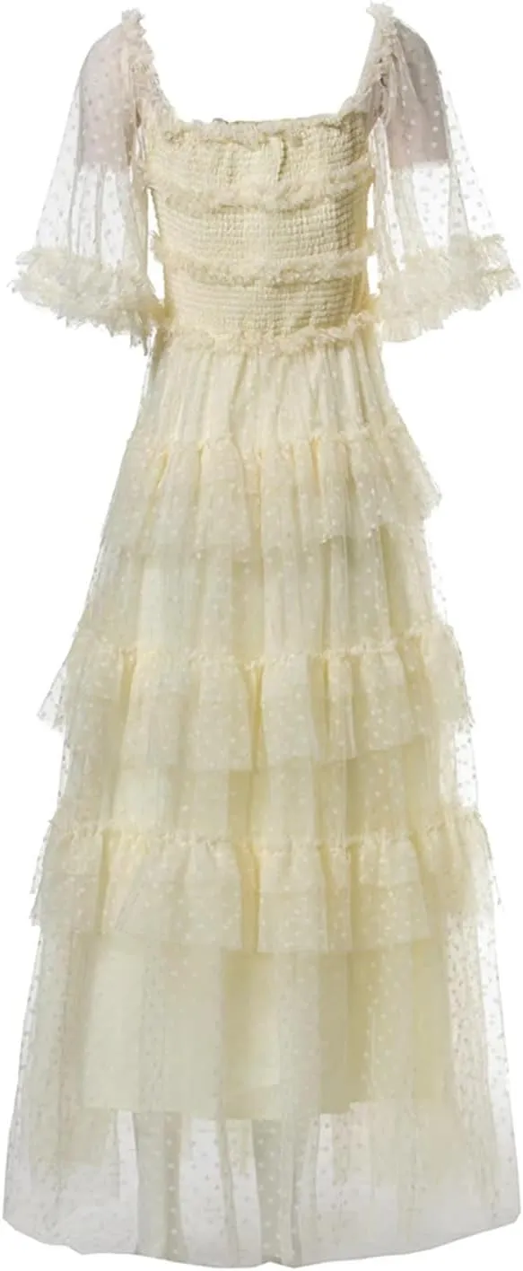 Women Tulle Summer Dress Round Neck Vintage Mesh Polka Dot Embroidery Square Collar A-Line Dresses