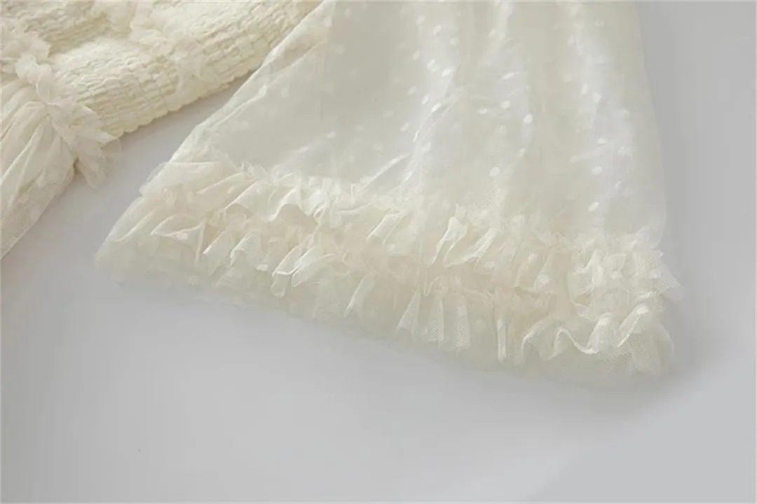 Women Tulle Summer Dress Round Neck Vintage Mesh Polka Dot Embroidery Square Collar A-Line Dresses
