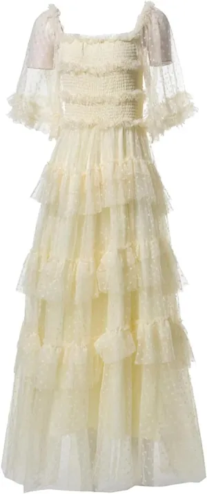 Women Tulle Summer Dress Round Neck Vintage Mesh Polka Dot Embroidery Square Collar A-Line Dresses