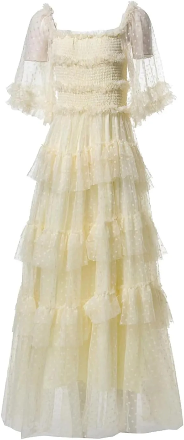 Women Tulle Summer Dress Round Neck Vintage Mesh Polka Dot Embroidery Square Collar A-Line Dresses