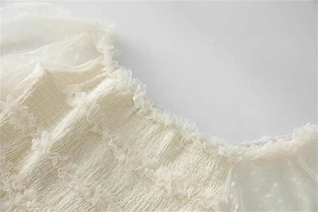 Women Tulle Summer Dress Round Neck Vintage Mesh Polka Dot Embroidery Square Collar A-Line Dresses
