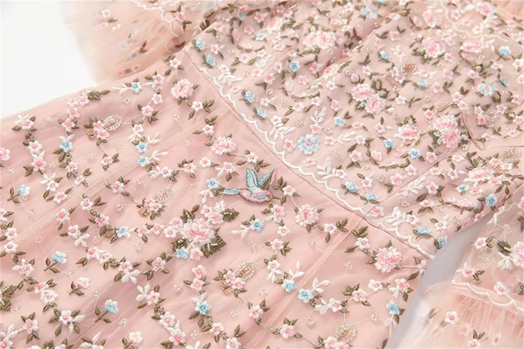 Women Tulle Summer Dress Vintage Flowers Embroidery Beading Net Yarn A-Line Flutter Dresses