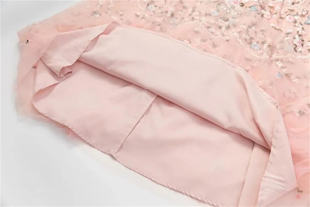 Women Tulle Summer Dress Vintage Flowers Embroidery Beading Net Yarn A-Line Flutter Dresses