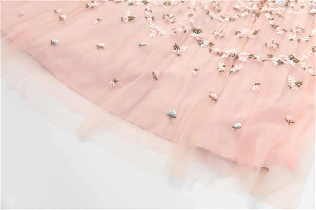 Women Tulle Summer Dress Vintage Flowers Embroidery Beading Net Yarn A-Line Flutter Dresses