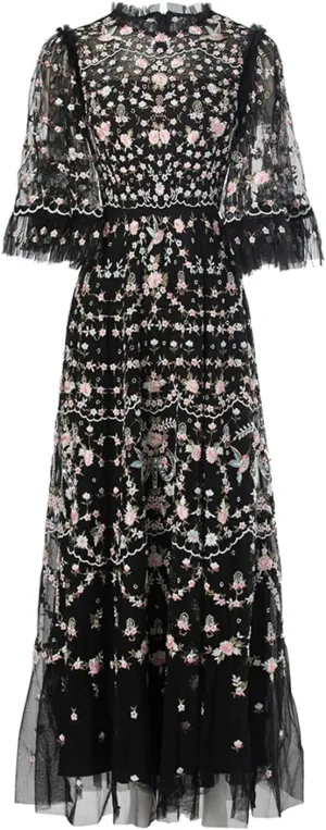 Women Tulle Summer Dress Vintage Flowers Embroidery Beading Net Yarn A-Line Flutter Dresses