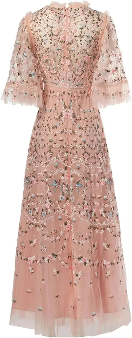 Women Tulle Summer Dress Vintage Flowers Embroidery Beading Net Yarn A-Line Flutter Dresses