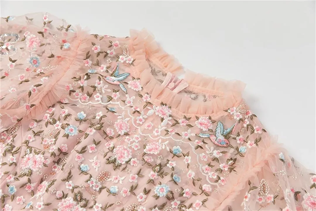 Women Tulle Summer Dress Vintage Flowers Embroidery Beading Net Yarn A-Line Flutter Dresses