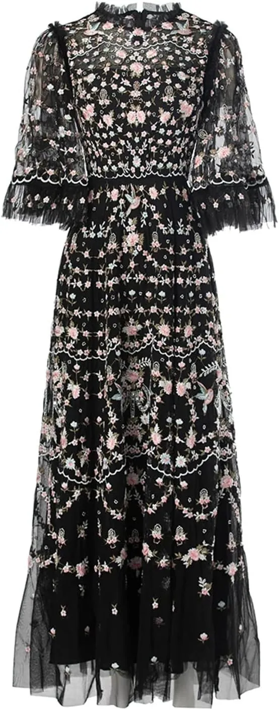 Women Tulle Summer Dress Vintage Flowers Embroidery Beading Net Yarn A-Line Flutter Dresses