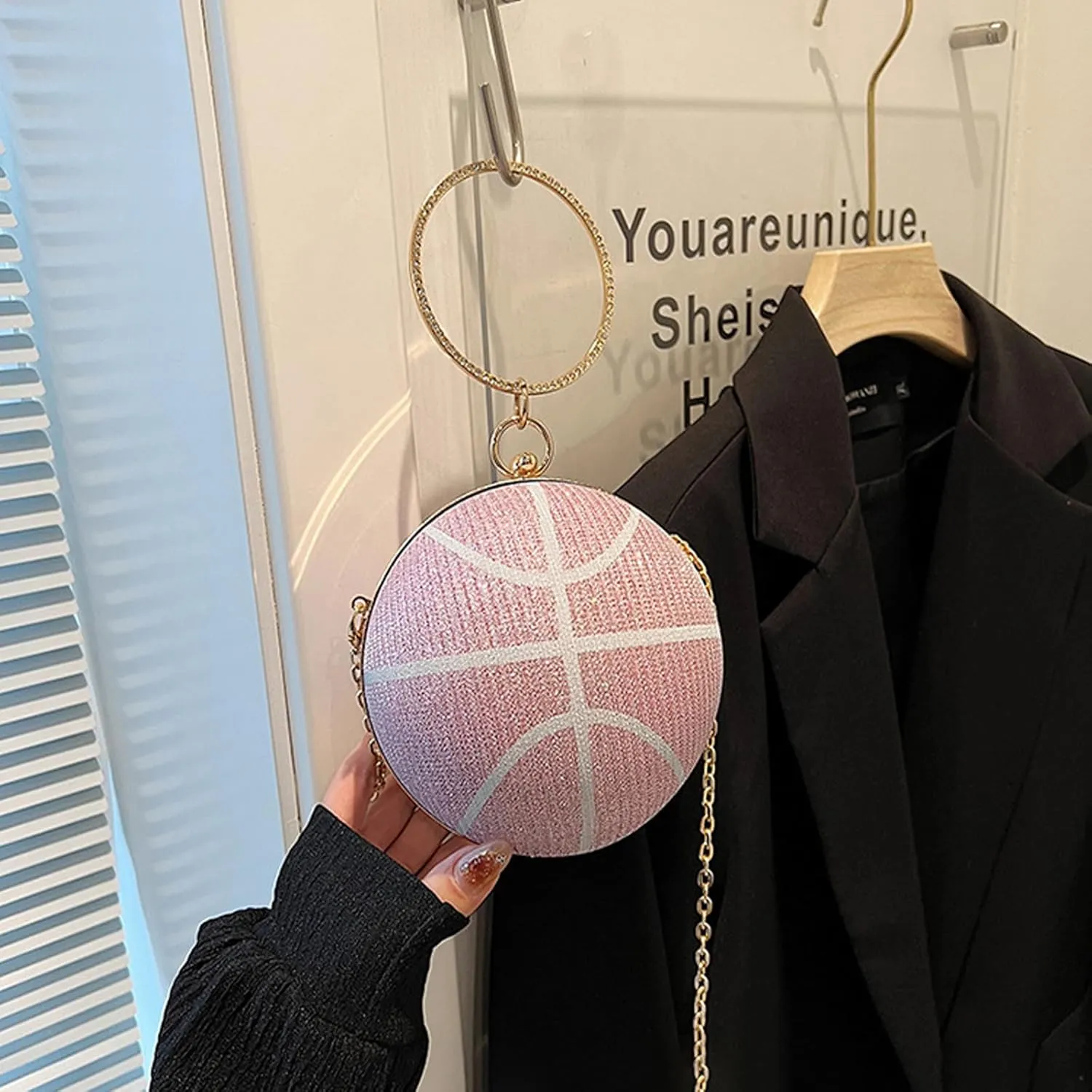 Women's Basketball Mini Round Messenger Bag - Diamond-Encrusted Handbag, Stylish Novelty Purse, Unique Design