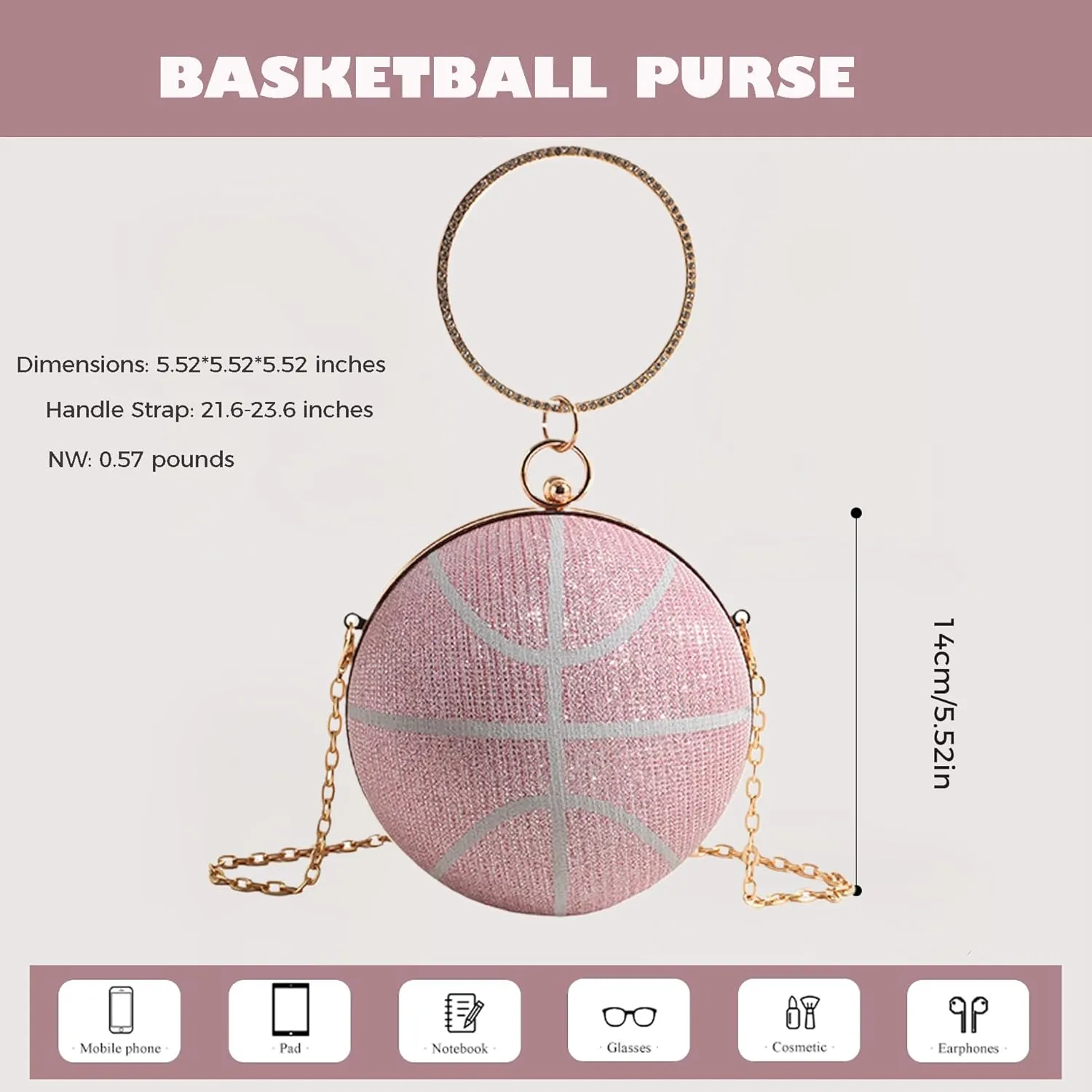 Women's Basketball Mini Round Messenger Bag - Diamond-Encrusted Handbag, Stylish Novelty Purse, Unique Design