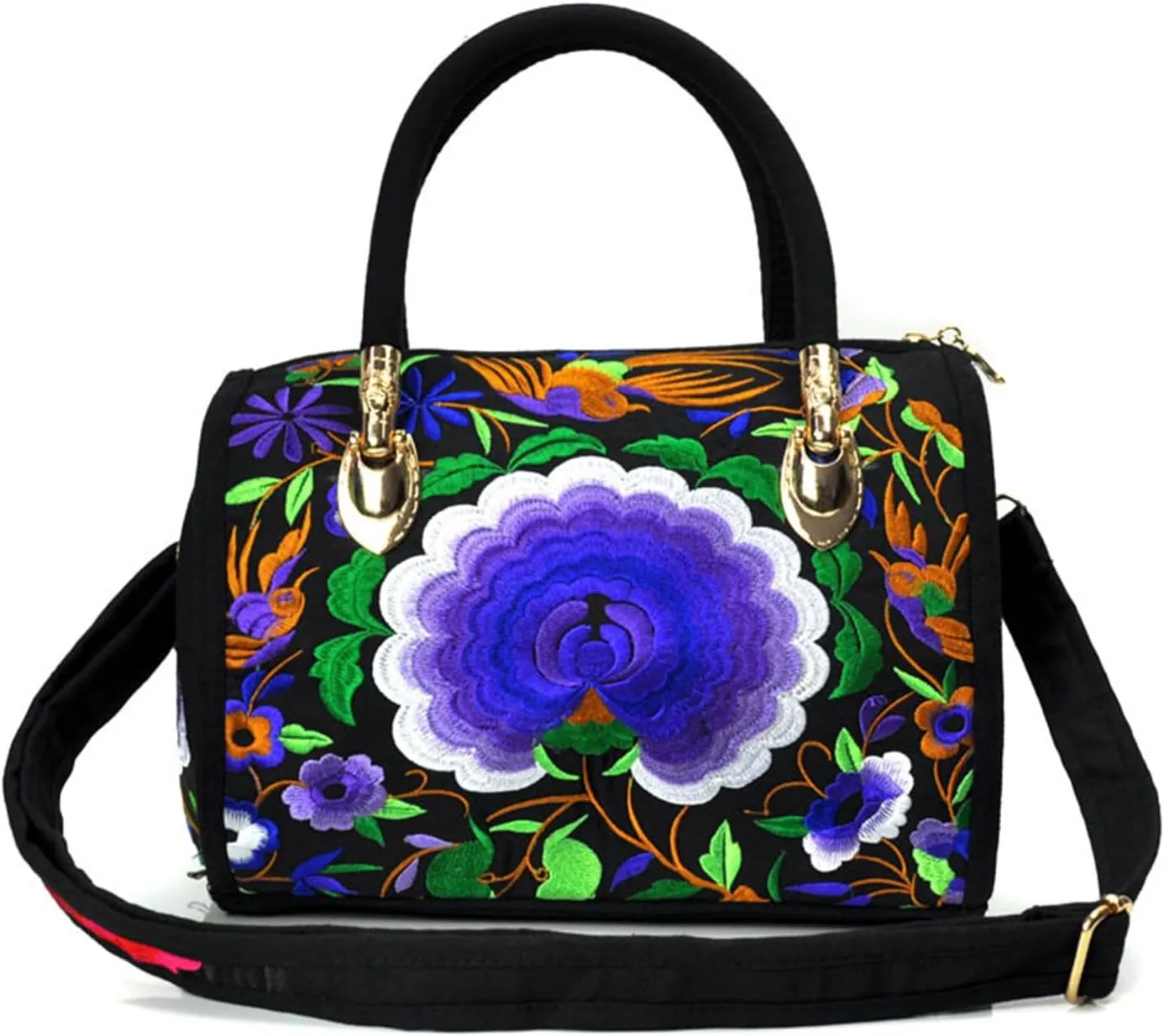 Women's Canvas Top Handle Satchel Bag Flower Embroidery Crossbody Retro Boston Shoulder Bag Ethnic Handbag and Purse，bag2093OWOISS