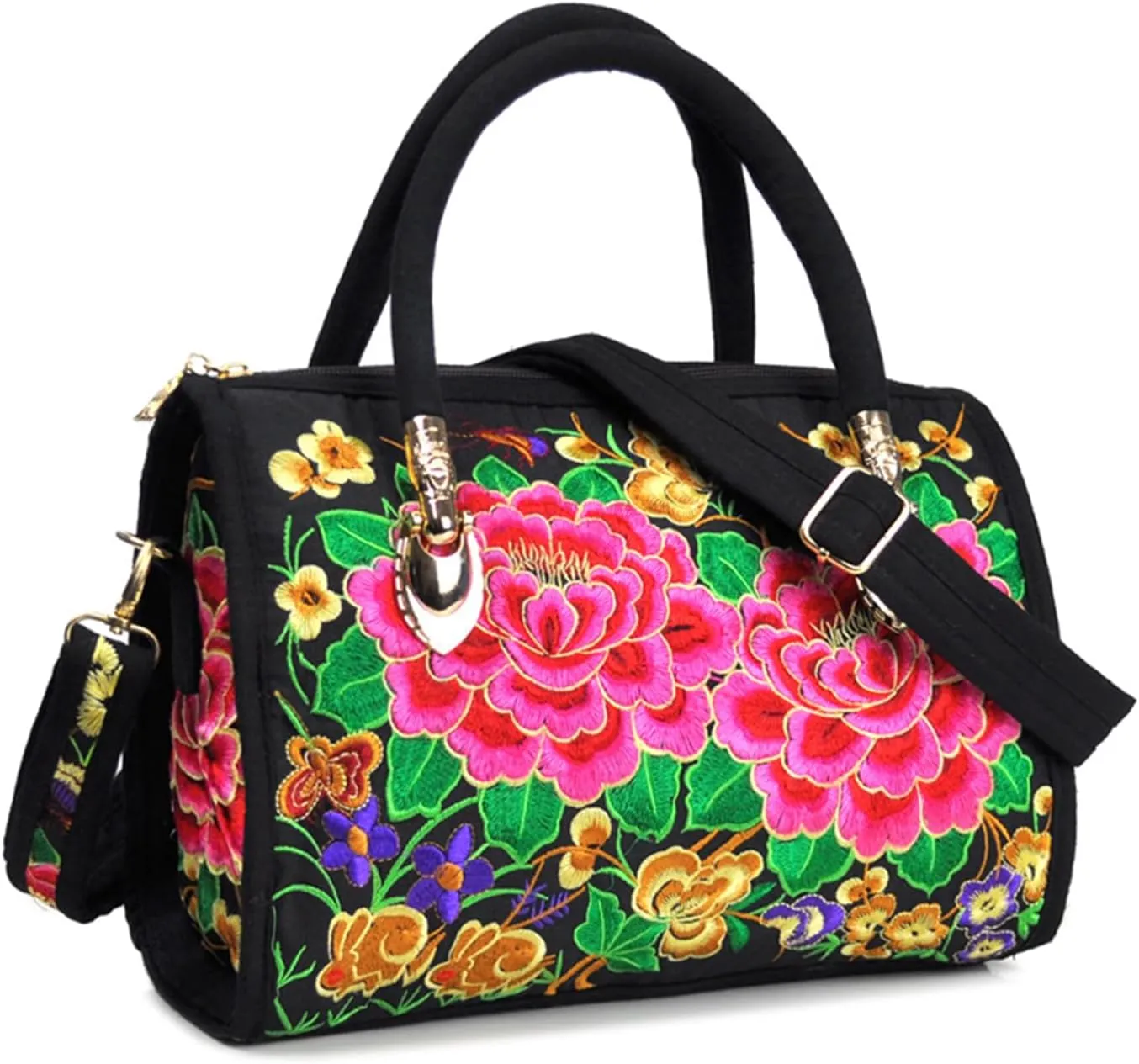 Women's Canvas Top Handle Satchel Bag Flower Embroidery Crossbody Retro Boston Shoulder Bag Ethnic Handbag and Purse，bag2102OWOISS