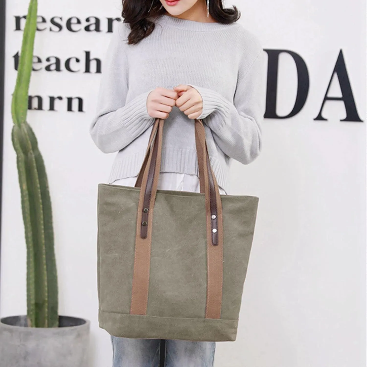 Women's Casual Canvas Handbags Work Tote Purses Shoulder Bags (Brown) One Size