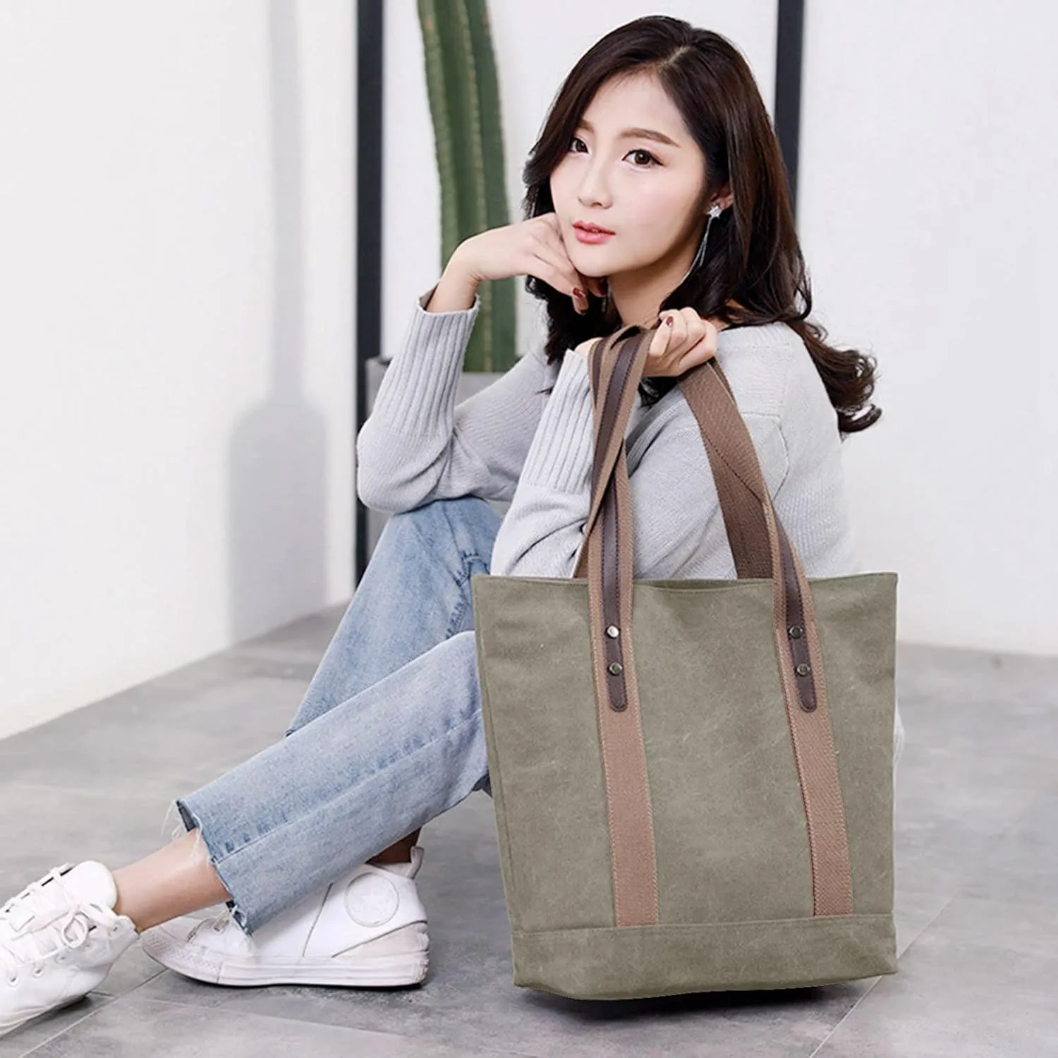 Women's Casual Canvas Handbags Work Tote Purses Shoulder Bags (Brown) One Size