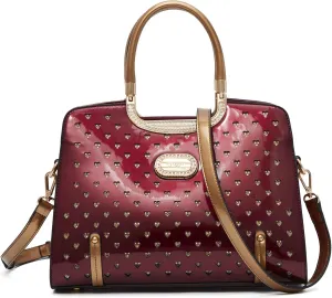 Women's Elegant Handbag – Designer Patent Leather Tote Bag, Heart Studs & Rhinestones, Top Handle with Crossbody Strap