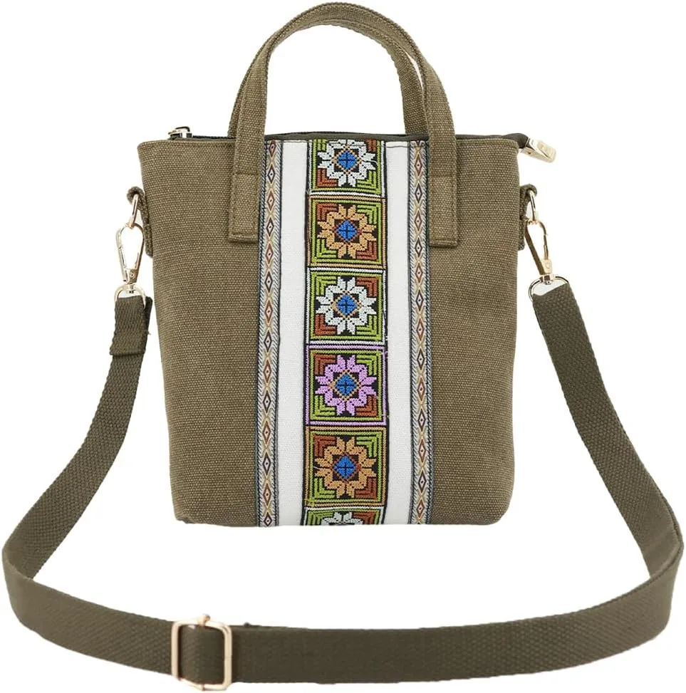 Womens Ethnic Embroidered Crossbody Bag Small Canvas Handbags Phone Pouch Wristlet Bag Coin Shoulder Purse