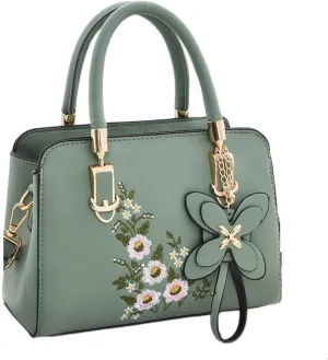 Women's Fashion Leather Handbag, Embroidered Purse Handbag, Lady's Flower Satchel Crossbody Bag Tote Bag