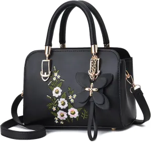 Women's Fashion Leather Handbag, Embroidered Purse Handbag, Lady's Flower Satchel Crossbody Bag Tote Bag