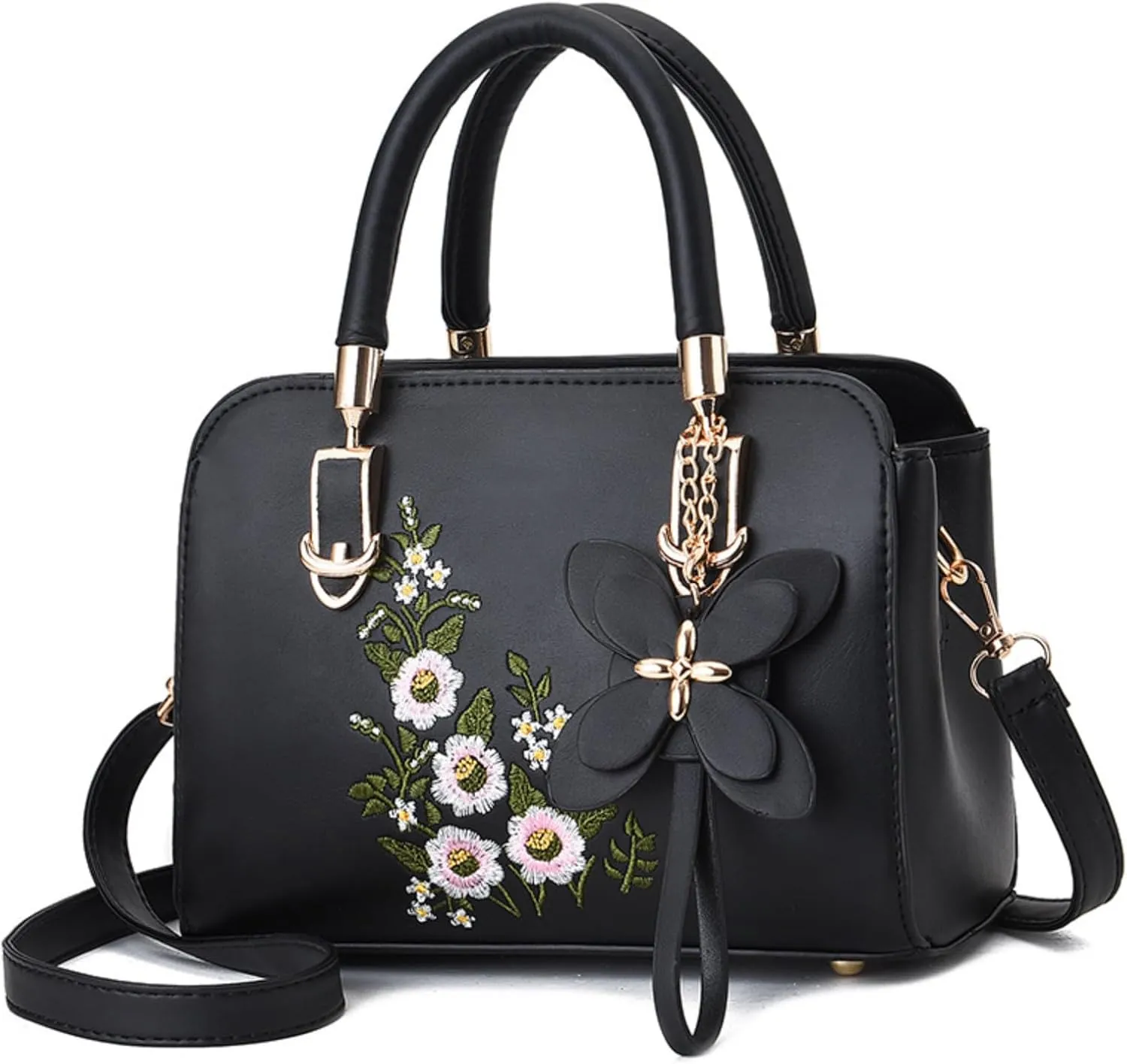 Women's Fashion Leather Handbag, Embroidered Purse Handbag, Lady's Flower Satchel Crossbody Bag Tote Bag