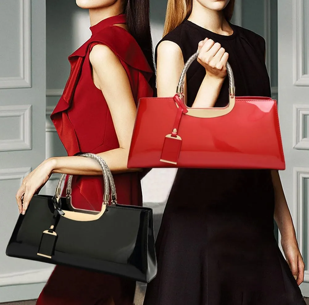Women's Glossy Patent Vegan Leather Handbag Large Shoulder Tote Bag Ladies Evening Clutch Purse Party Satchel
