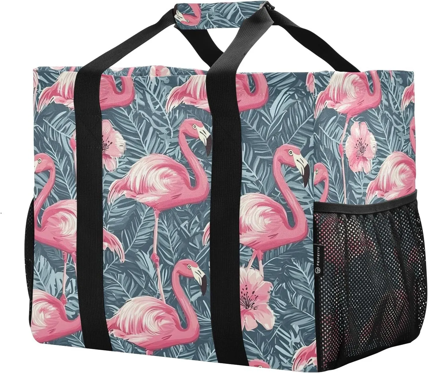 Women's Handbag Large Beach Tote Bag Zippered Handbag Quilted Shoulder Bag for Travel Work Gym Flamingo and Foliage Pattern