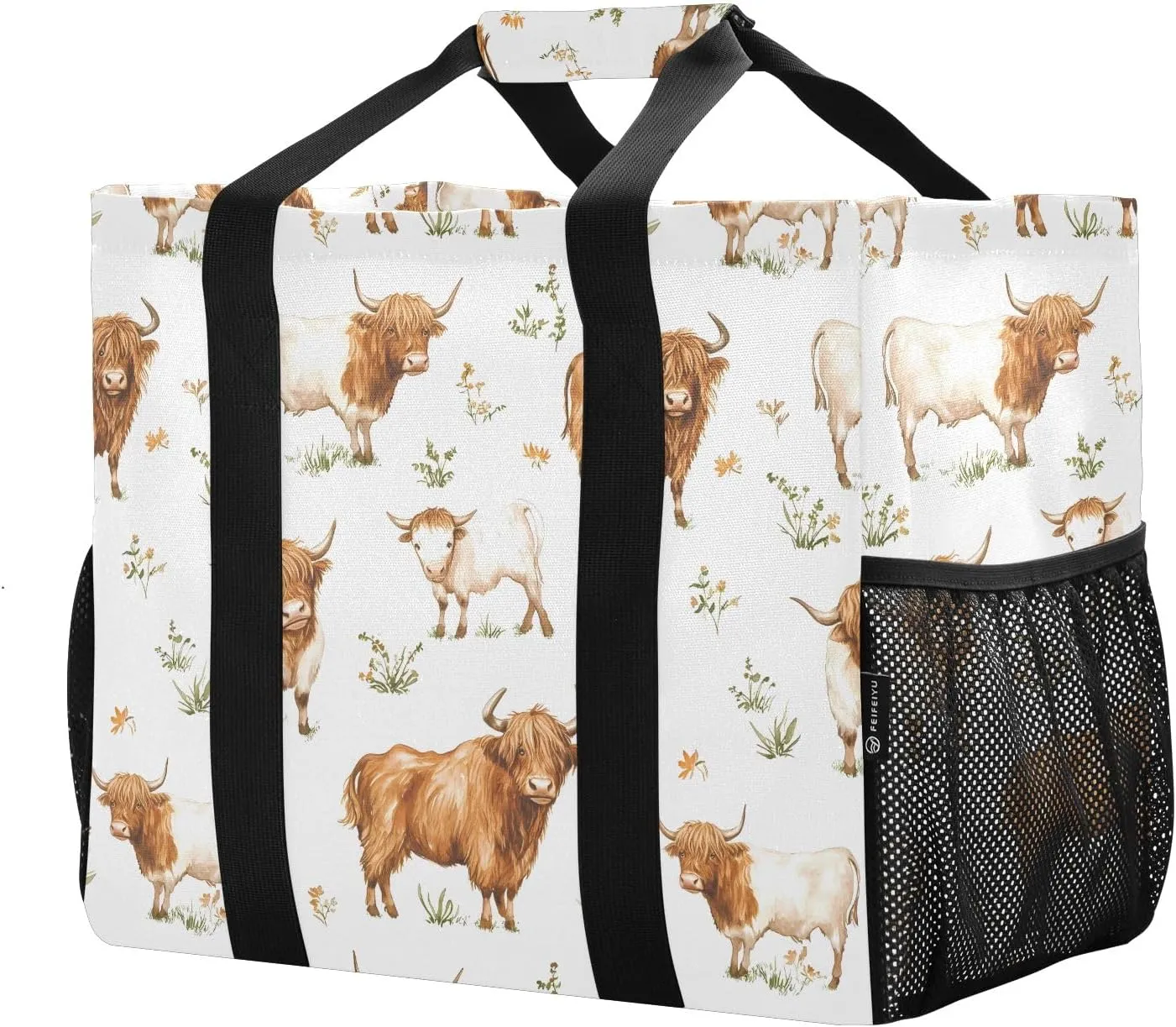 Women's Handbag Large Beach Tote Bag Zippered Handbag Quilted Shoulder Bag for Travel Work Gym Highland Cattle Grass Pattern