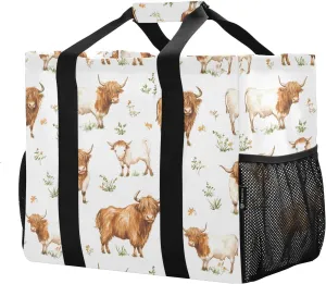 Women's Handbag Large Beach Tote Bag Zippered Handbag Quilted Shoulder Bag for Travel Work Gym Highland Cattle Grass Pattern