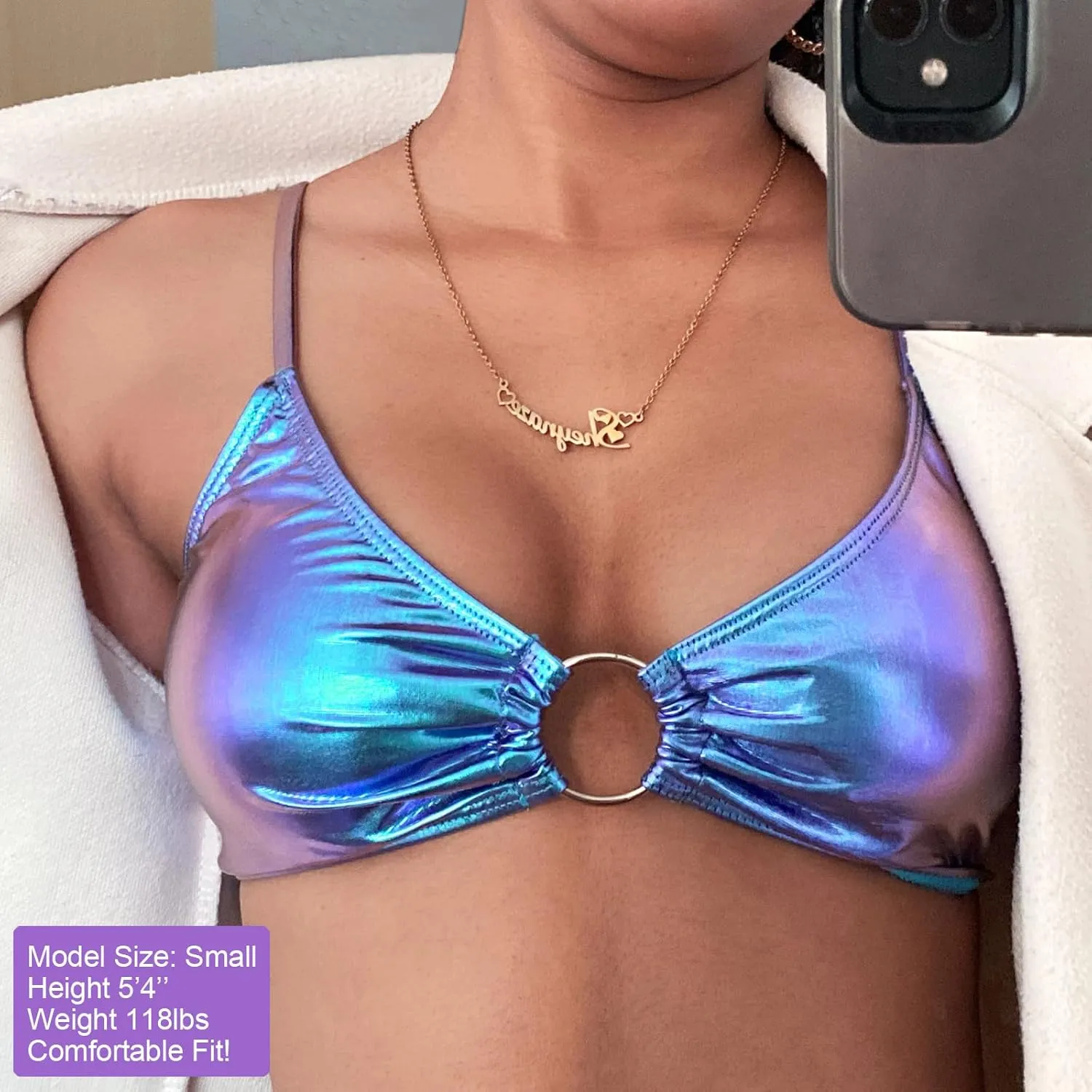 Women's Metallic Bra Tops Shiny Bralette Rave Crop Top with Metal Ring Festival Party Bikini