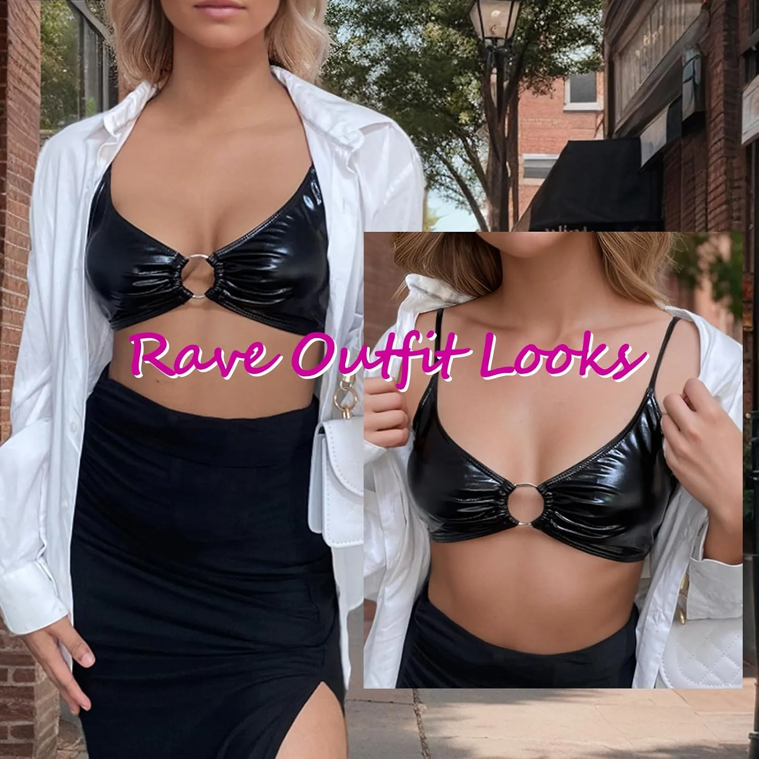 Women's Metallic Bra Tops Shiny Bralette Rave Crop Top with Metal Ring Festival Party Bikini
