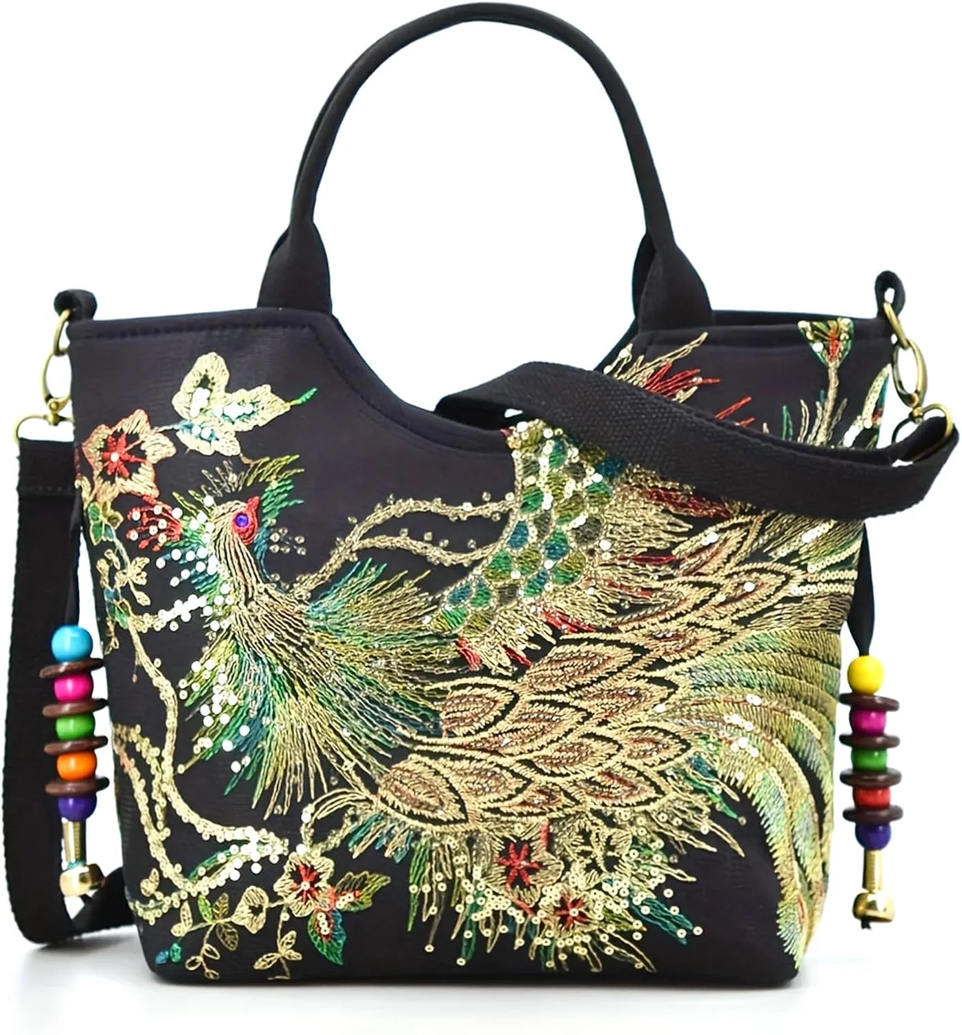 Women's Peafowl Embroidery Handbag and Purse Canvas Retro Beads Crossbody Shoulder Bag Ethnic Top Handle Satchel Bag，bag546OWOISS