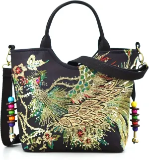 Women's Peafowl Embroidery Handbag and Purse Canvas Retro Beads Crossbody Shoulder Bag Ethnic Top Handle Satchel Bag，bag546OWOISS