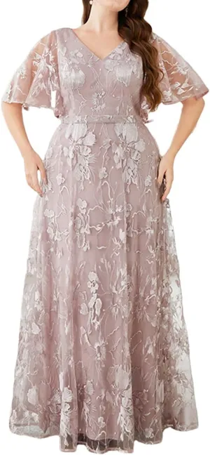 Women's Plus Size V-Neck Lace Embroidered Flare Sleeve Dress Elegant Short Sleeve A-Line Midi Dress