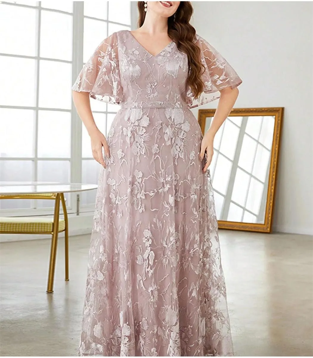Women's Plus Size V-Neck Lace Embroidered Flare Sleeve Dress Elegant Short Sleeve A-Line Midi Dress