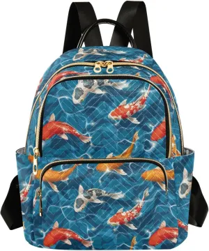 Women's Quilted Small Backpack Koi Carps Mini Backpack Purse for Women College Travel Daypack