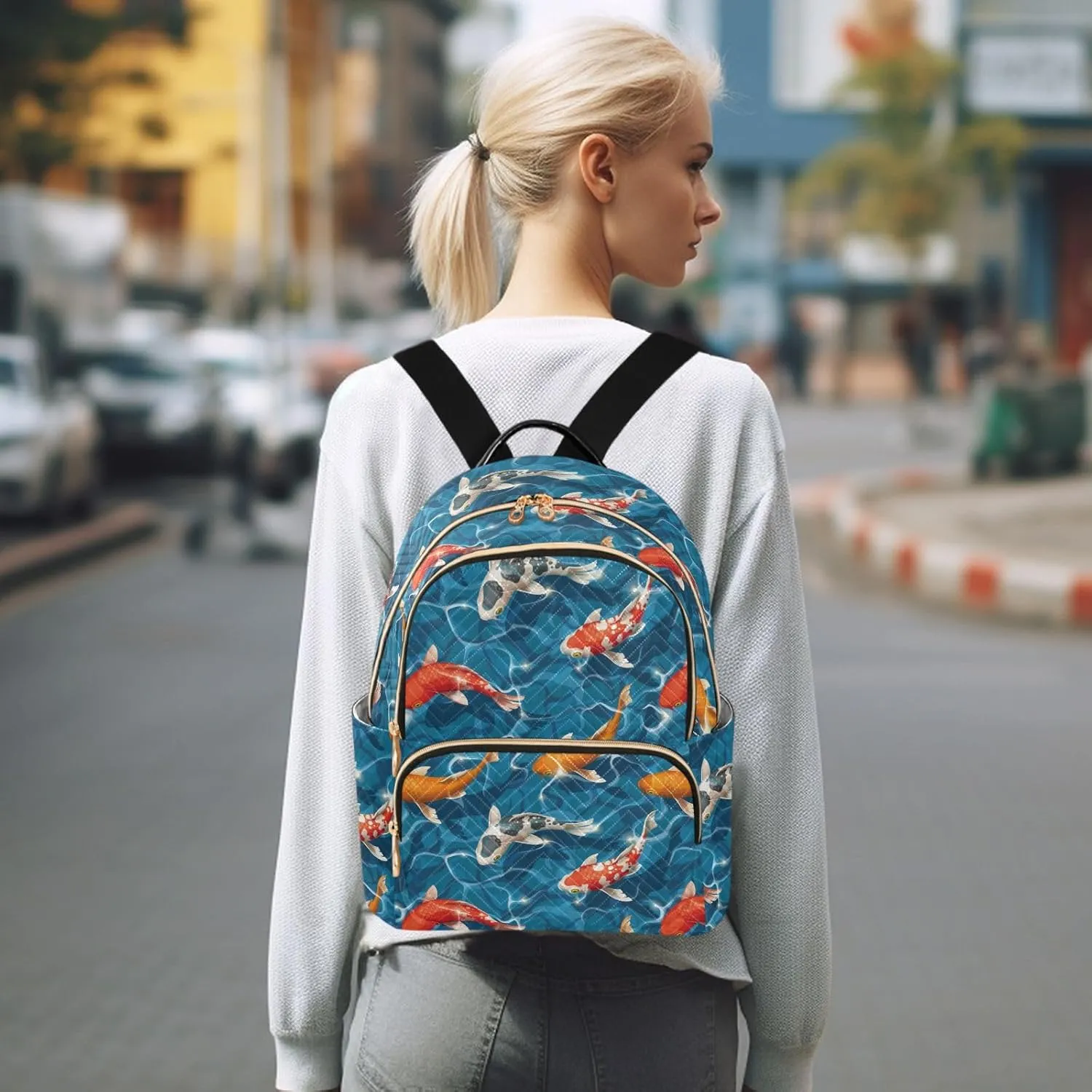Women's Quilted Small Backpack Koi Carps Mini Backpack Purse for Women College Travel Daypack