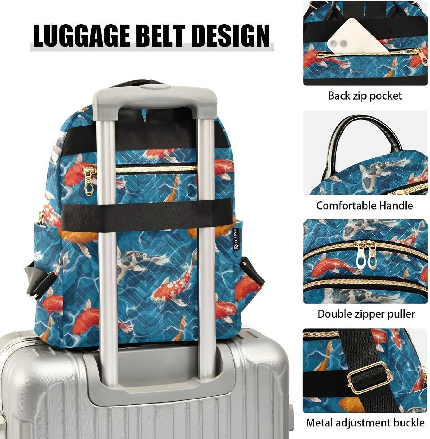 Women's Quilted Small Backpack Koi Carps Mini Backpack Purse for Women College Travel Daypack