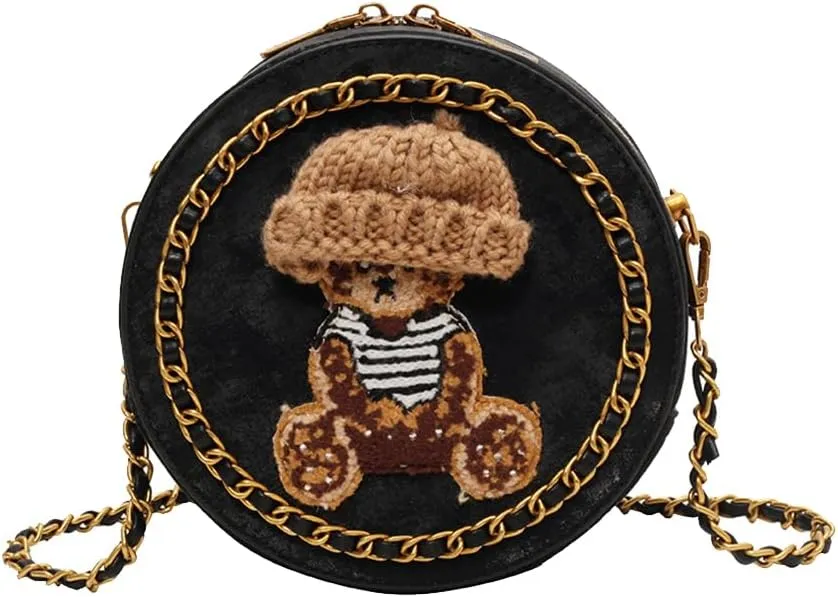 Women's Round Crossbody Bag - PU Leather Shoulder Bag with Cute Bear Design, Waterproof, Small Capacity, Top-Handle