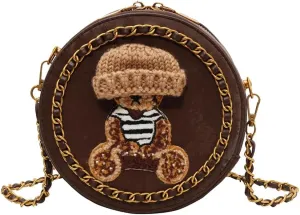 Women's Round Crossbody Bag - PU Leather Shoulder Bag with Cute Bear Design, Waterproof, Small Capacity, Top-Handle