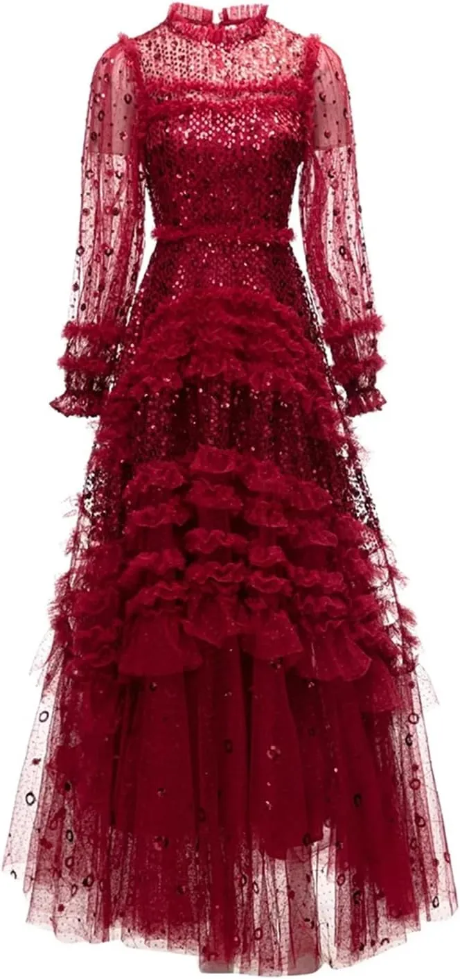 Women's Sequins Dress Cascad Ruffle Crew Neck Lace Splice Maxi Dress Solid A-Line