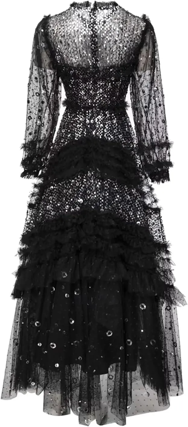 Women's Sequins Dress Cascad Ruffle Crew Neck Lace Splice Maxi Dress Solid A-Line