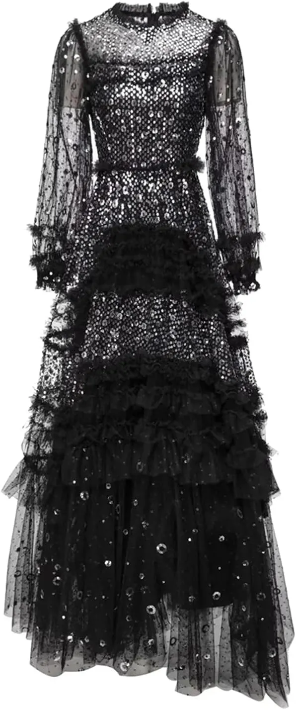 Women's Sequins Dress Cascad Ruffle Crew Neck Lace Splice Maxi Dress Solid A-Line