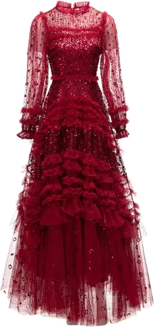 Women's Sequins Dress Cascad Ruffle Crew Neck Lace Splice Maxi Dress Solid A-Line