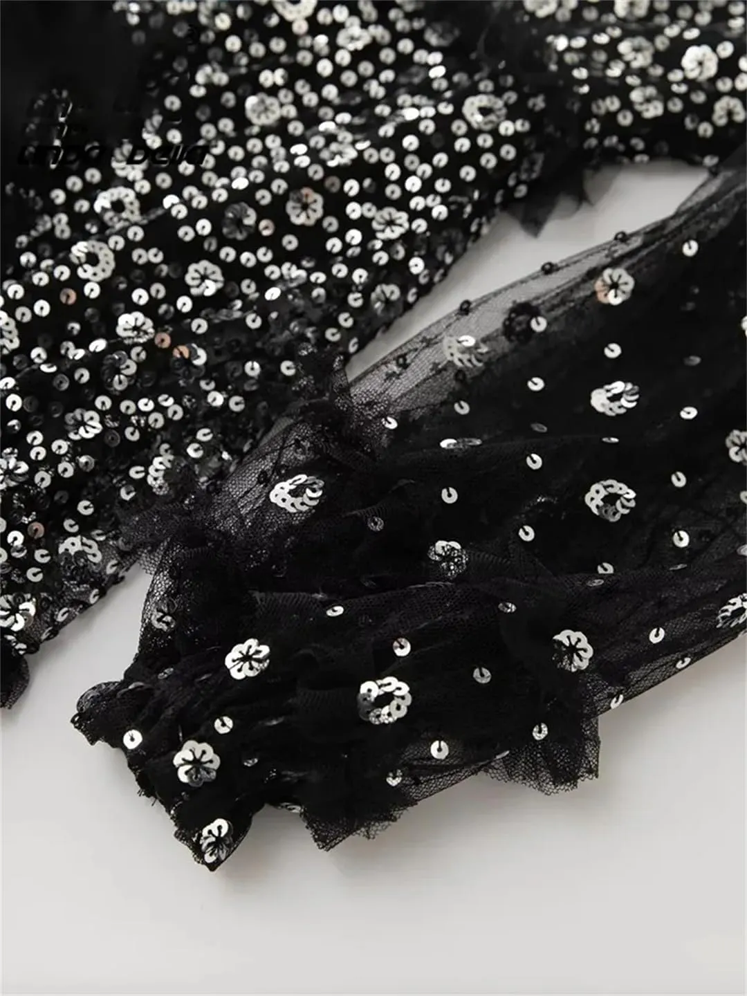 Women's Sequins Dress Cascad Ruffle Crew Neck Lace Splice Maxi Dress Solid A-Line