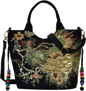 Women's Shoulder Handbags, 10x9x5 Ethnic Travel Bohemian Embroidery Bag with Bling Sequins Phoenix Embroidered, Capacious Portable Vintage Purse for Daily Use Women's Shoulder Handbags