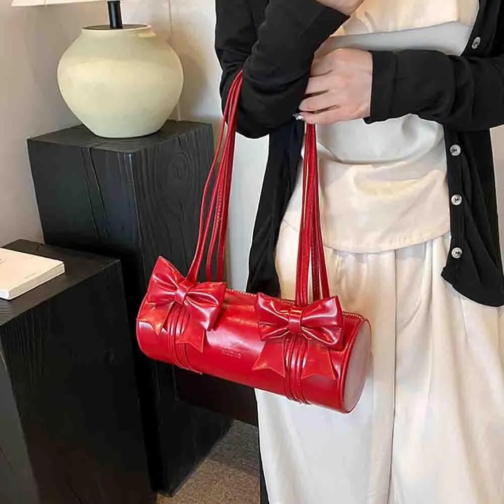 Women's Sweet Bow Knot Cylinder Bag PU Leather Bow Decor Glossy Shoulder Purse Top Handle Tote Underarm Clutch For Ladies