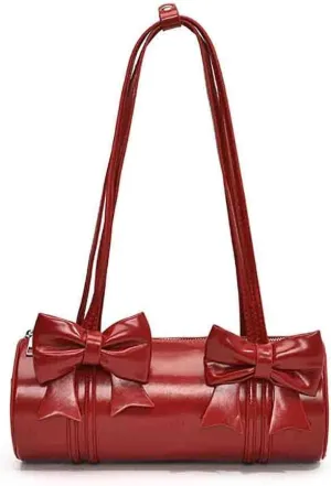 Women's Sweet Bow Knot Cylinder Bag PU Leather Bow Decor Glossy Shoulder Purse Top Handle Tote Underarm Clutch For Ladies